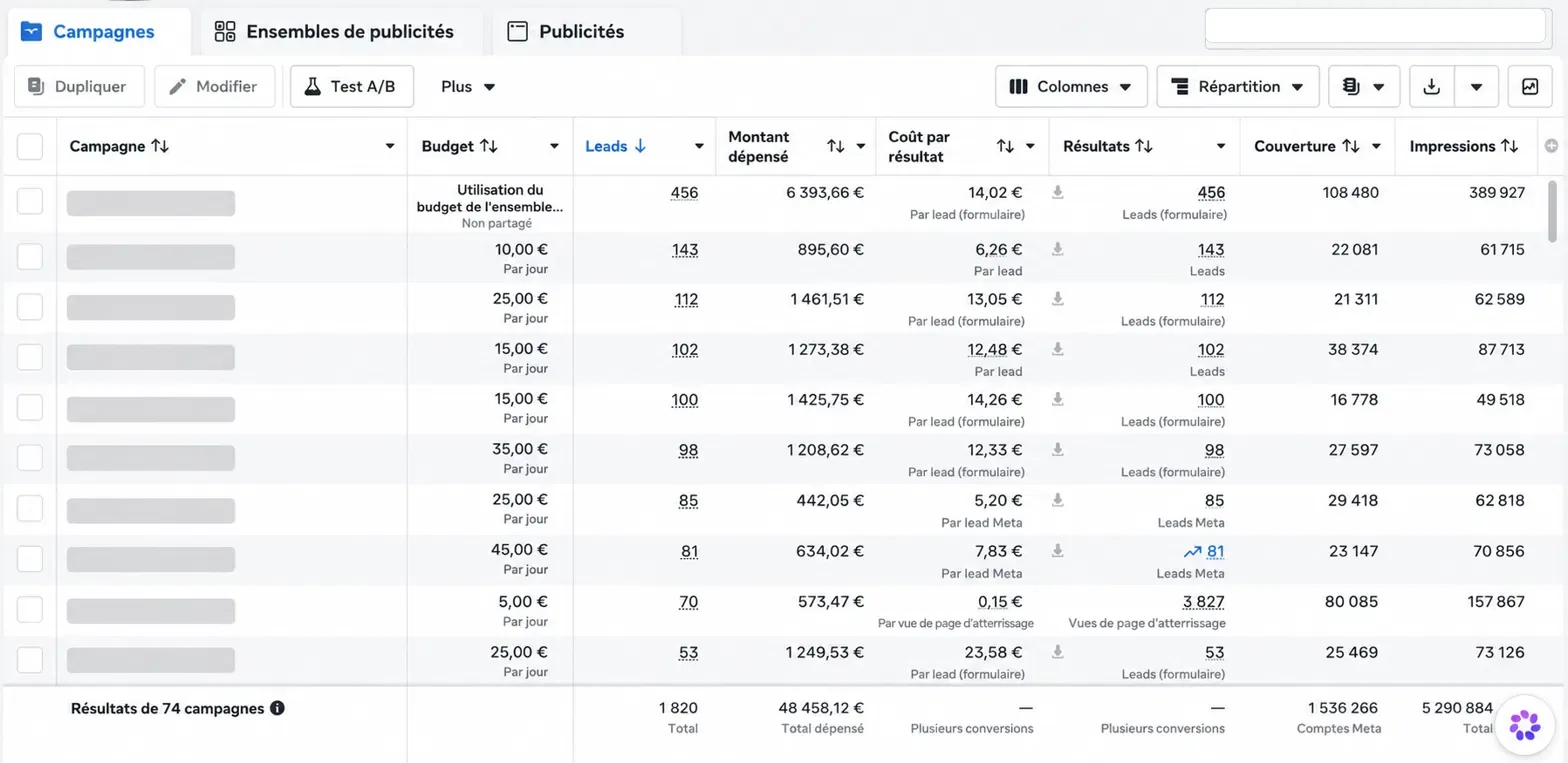 Gestionnaire de publicités Meta — 74 campagnes actives